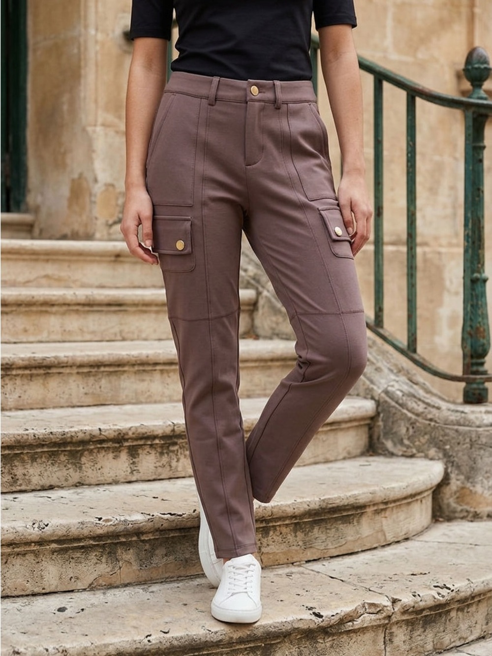 HALARA Taupe Straight-Leg Cargo Pants with Gold Snap Details